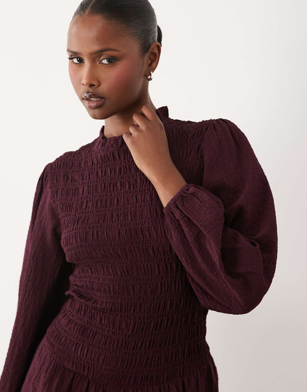 Wednesday's Girl puff sleeve shirred detail midaxi dress in deep purple