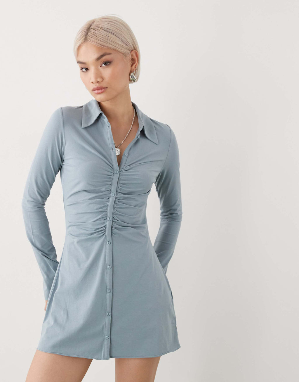 Monki ruched front long sleeve mini shirt dress in gray