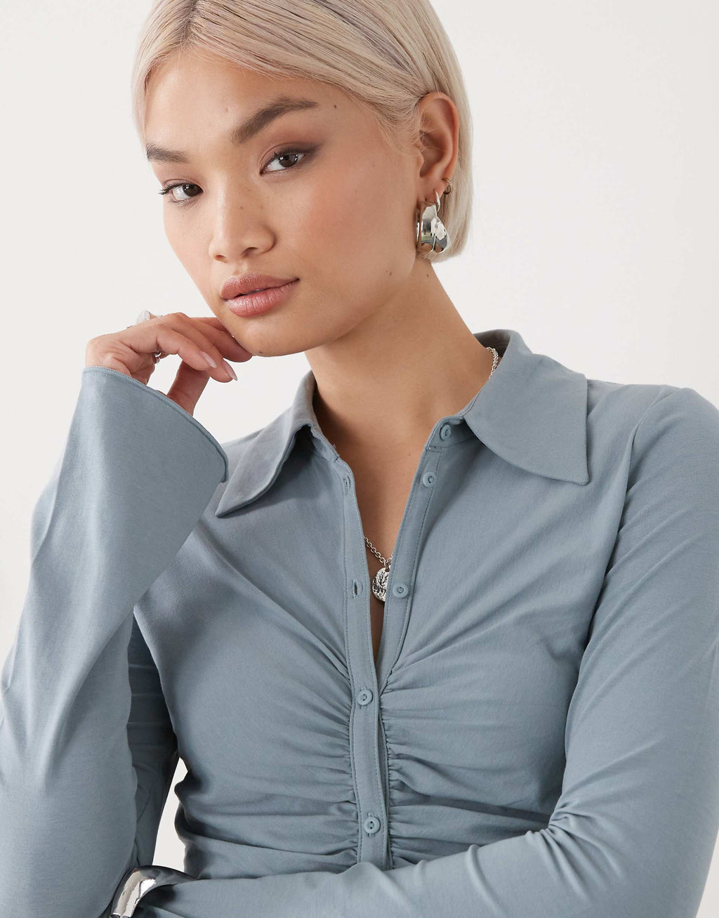 Monki ruched front long sleeve mini shirt dress in gray