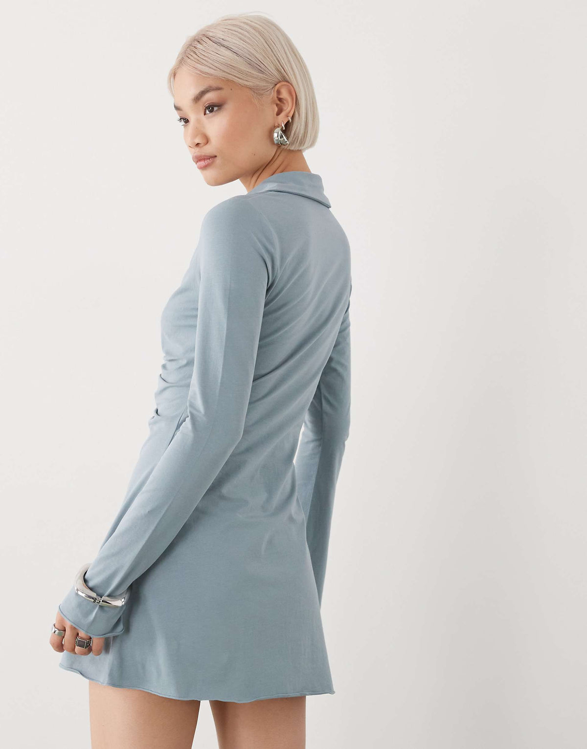 Monki ruched front long sleeve mini shirt dress in gray