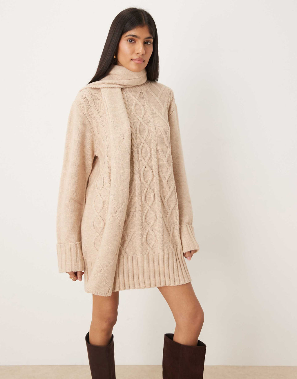 Pretty Lavish scarf neck cable knit mini sweater dress in neutral