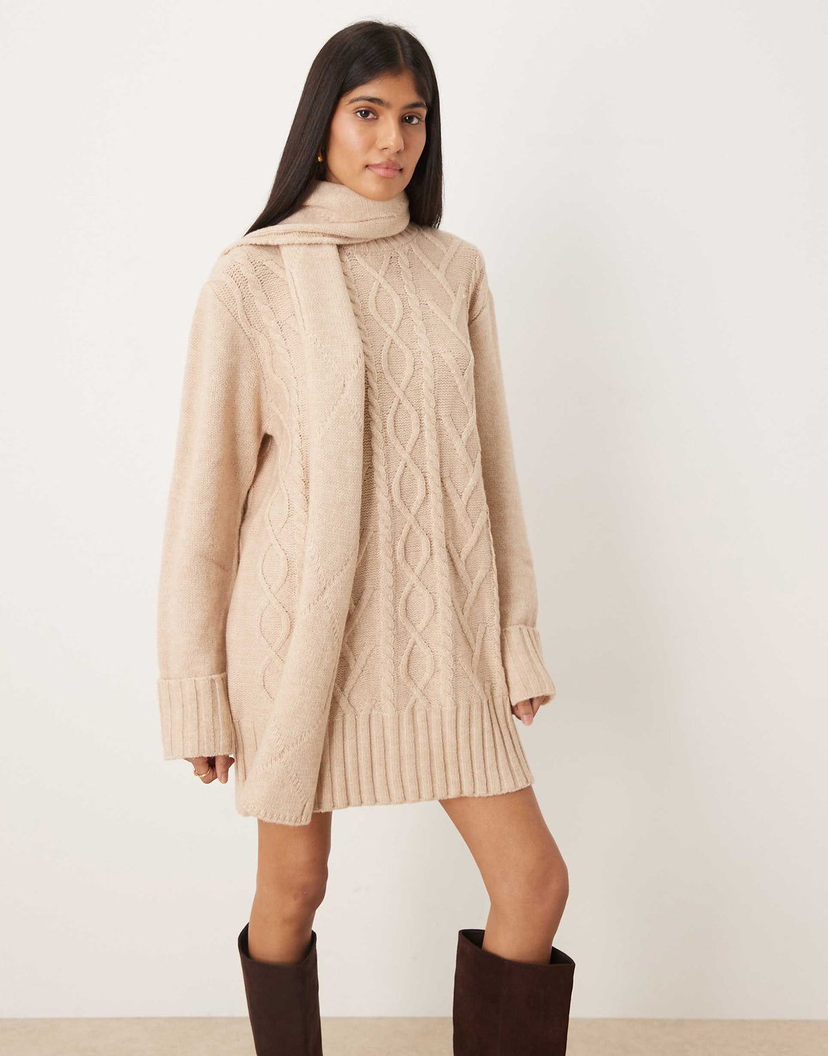 Pretty Lavish scarf neck cable knit mini sweater dress in neutral