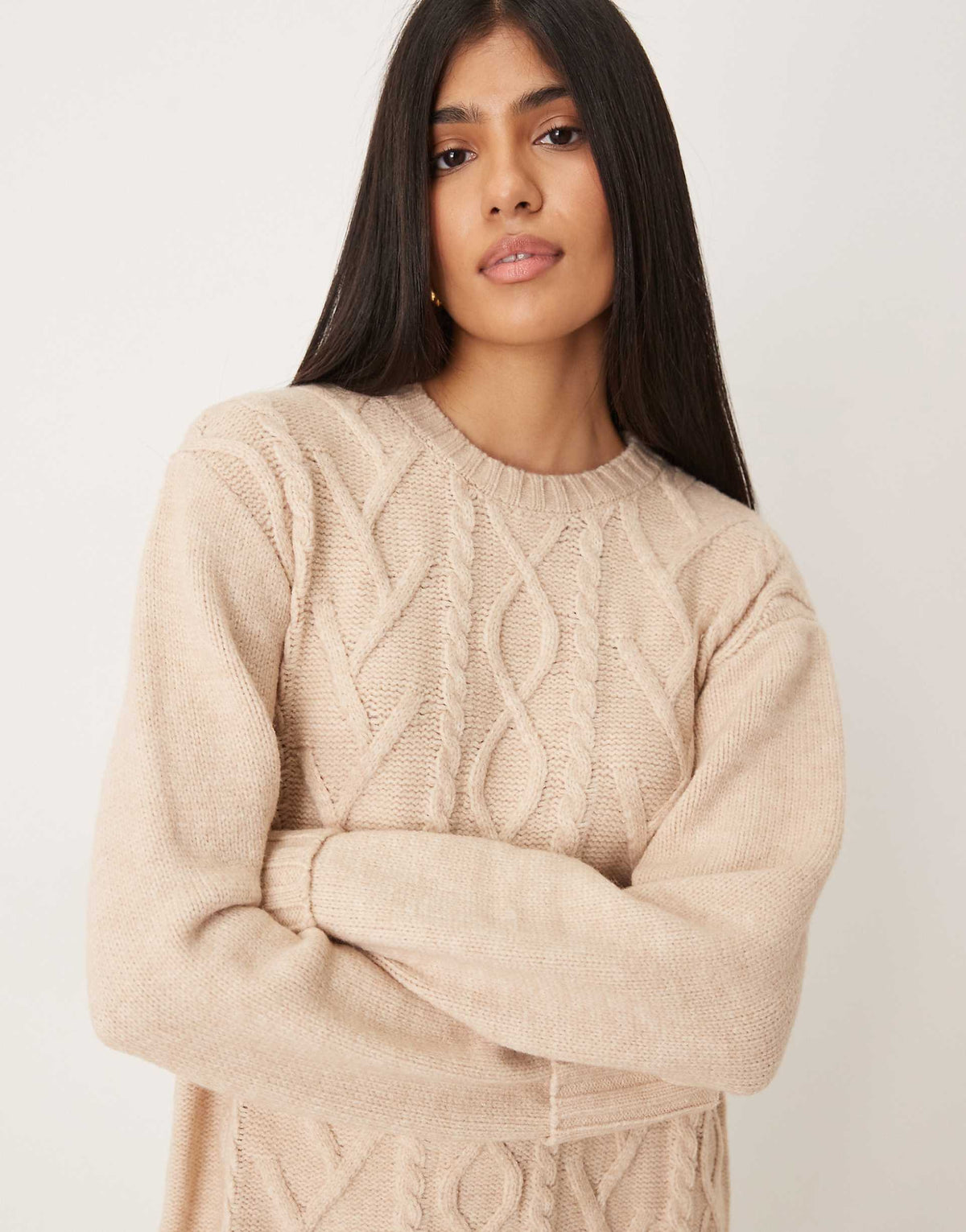 Pretty Lavish scarf neck cable knit mini sweater dress in neutral