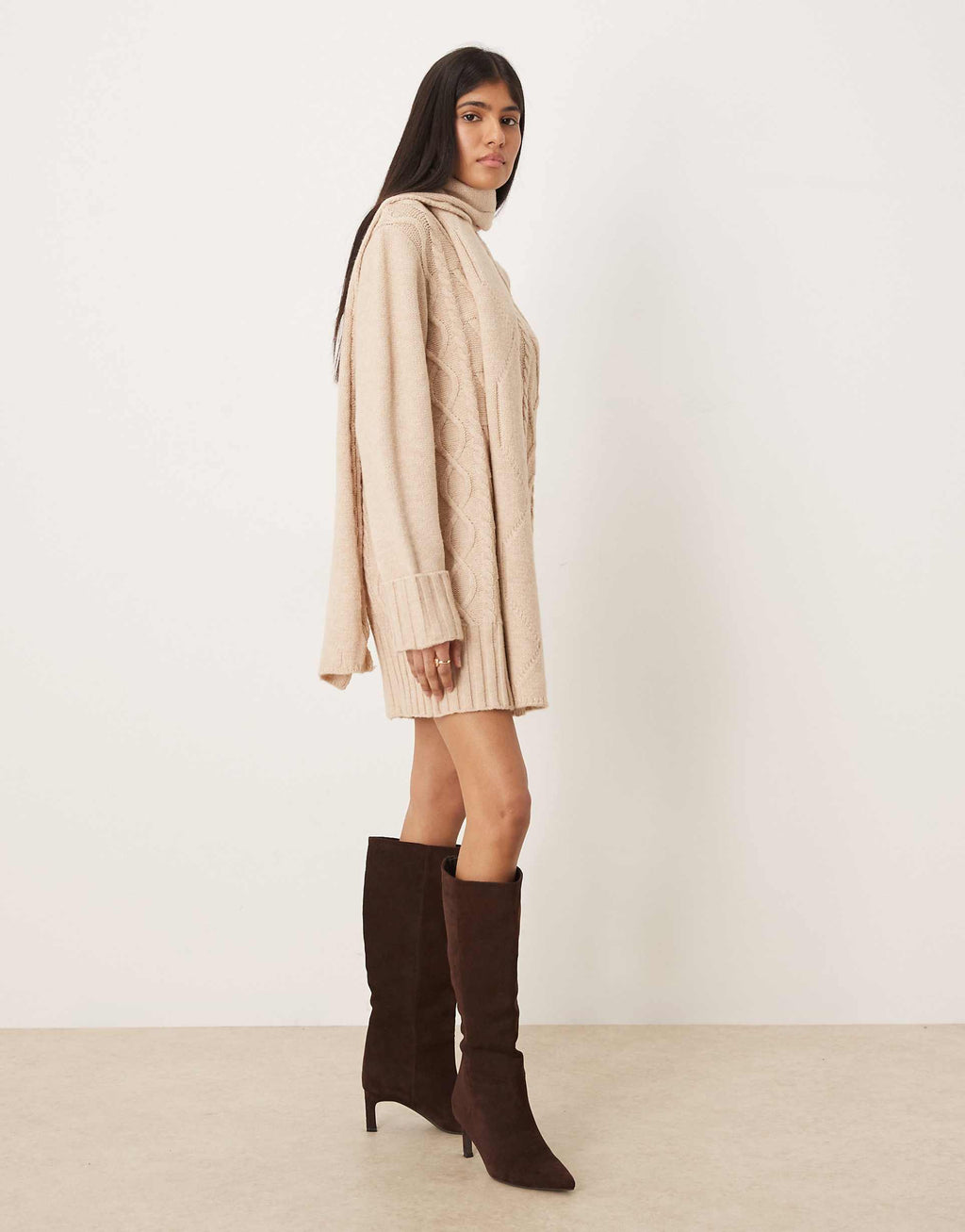 Pretty Lavish scarf neck cable knit mini sweater dress in neutral