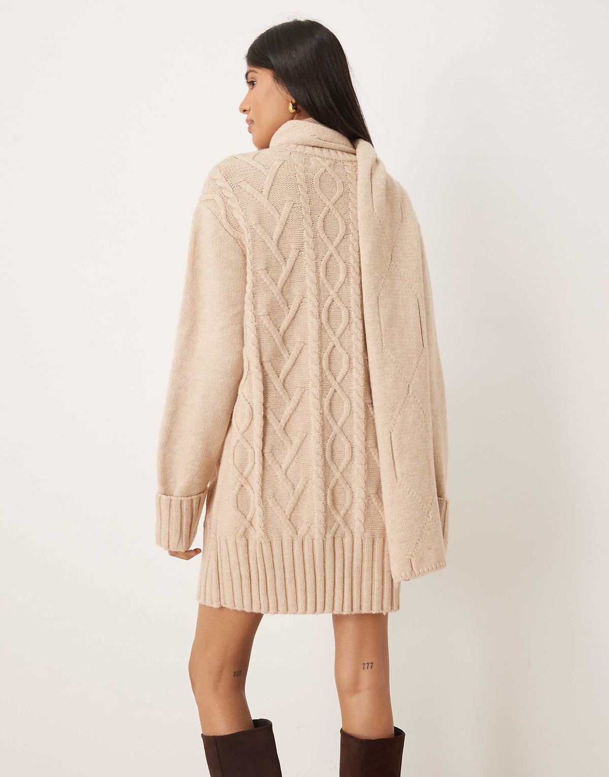 Pretty Lavish scarf neck cable knit mini sweater dress in neutral