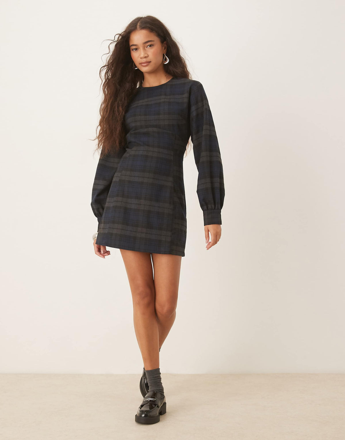 ASOS DESIGN long sleeve cinched mini dress in blue plaid
