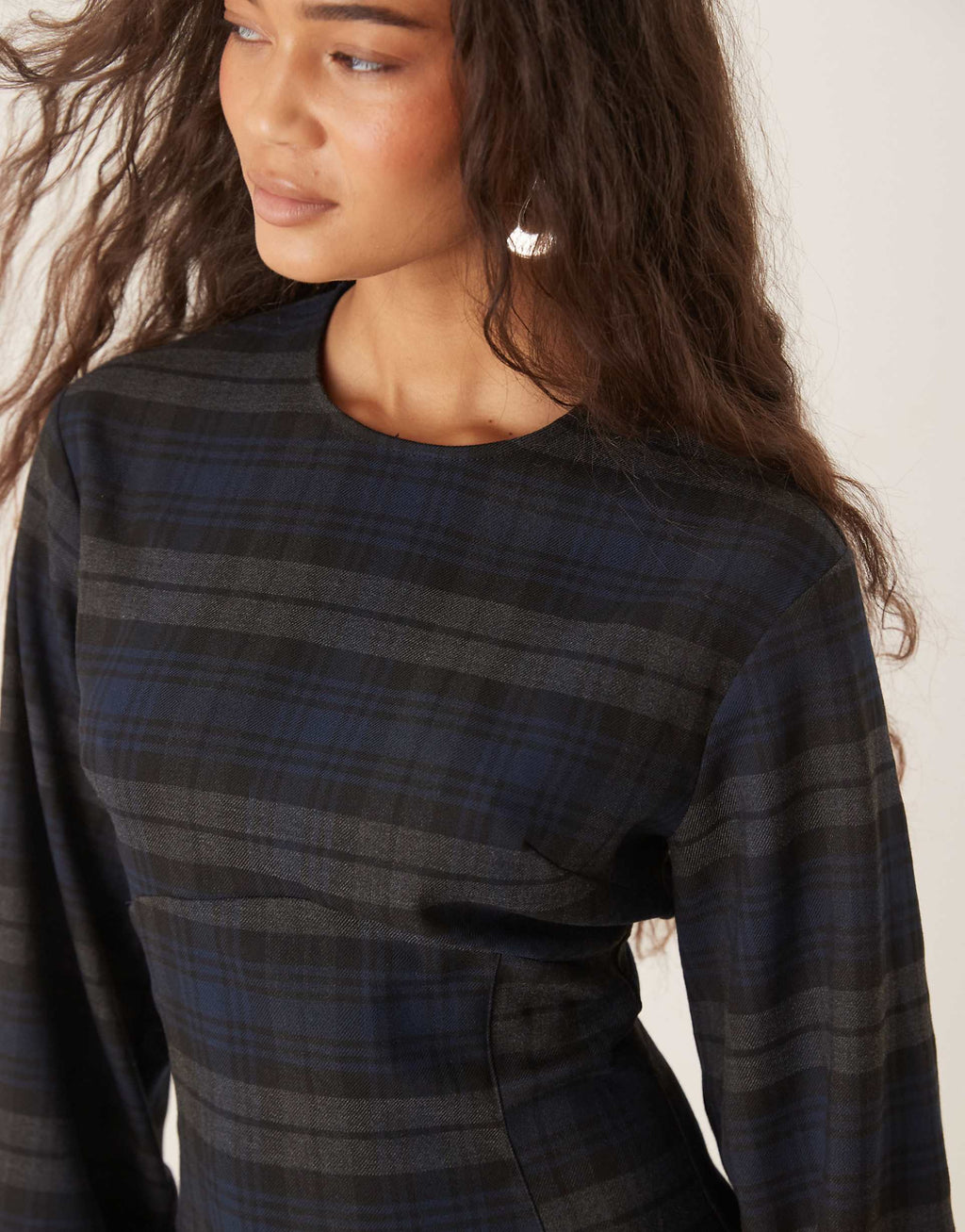 ASOS DESIGN long sleeve cinched mini dress in blue plaid