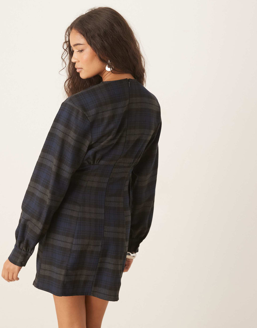 ASOS DESIGN long sleeve cinched mini dress in blue plaid