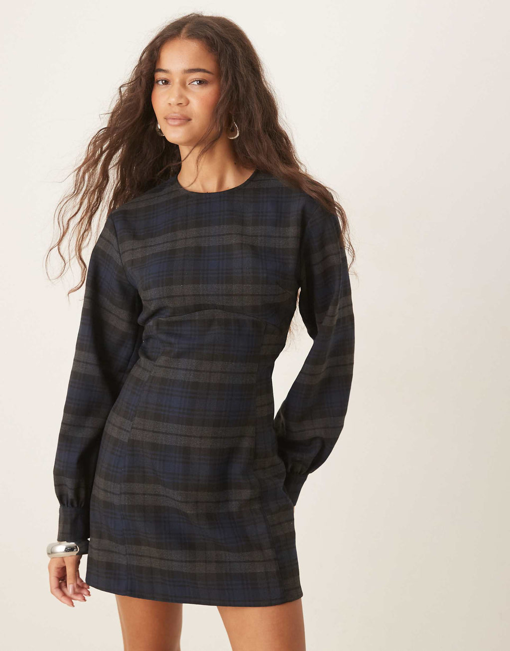 ASOS DESIGN long sleeve cinched mini dress in blue plaid