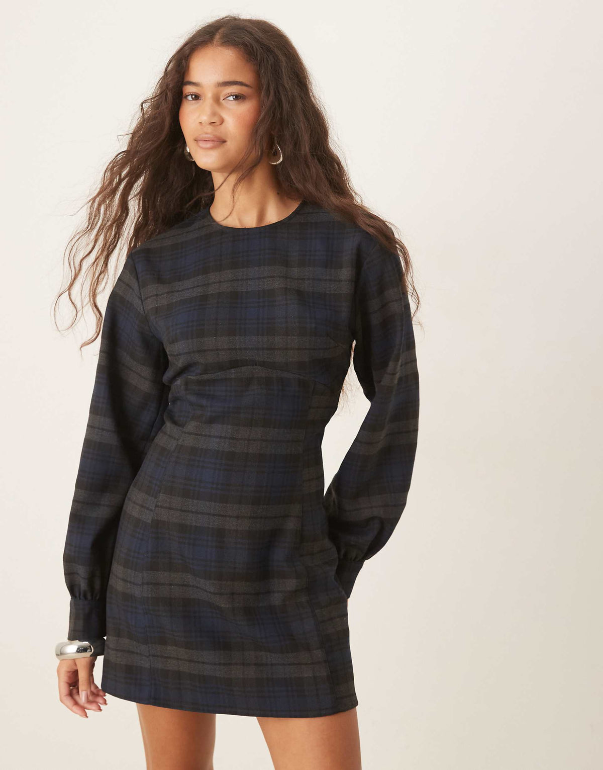 ASOS DESIGN long sleeve cinched mini dress in blue plaid