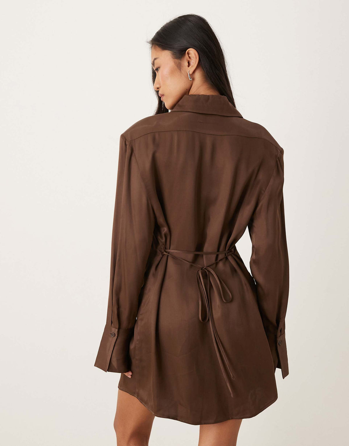 ASOS DESIGN shoulder pad shirt mini dress with tie back in chocolate