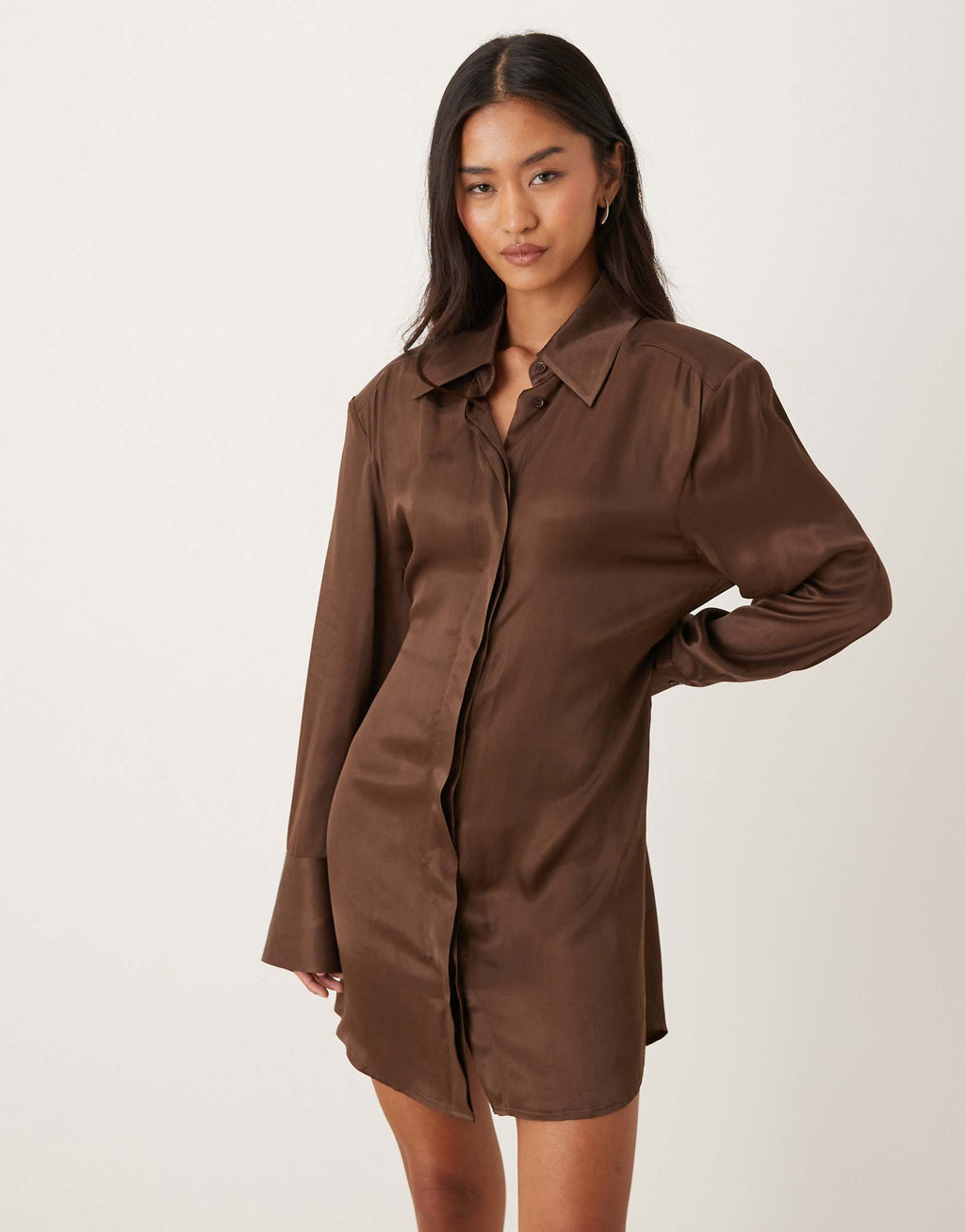 ASOS DESIGN shoulder pad shirt mini dress with tie back in chocolate