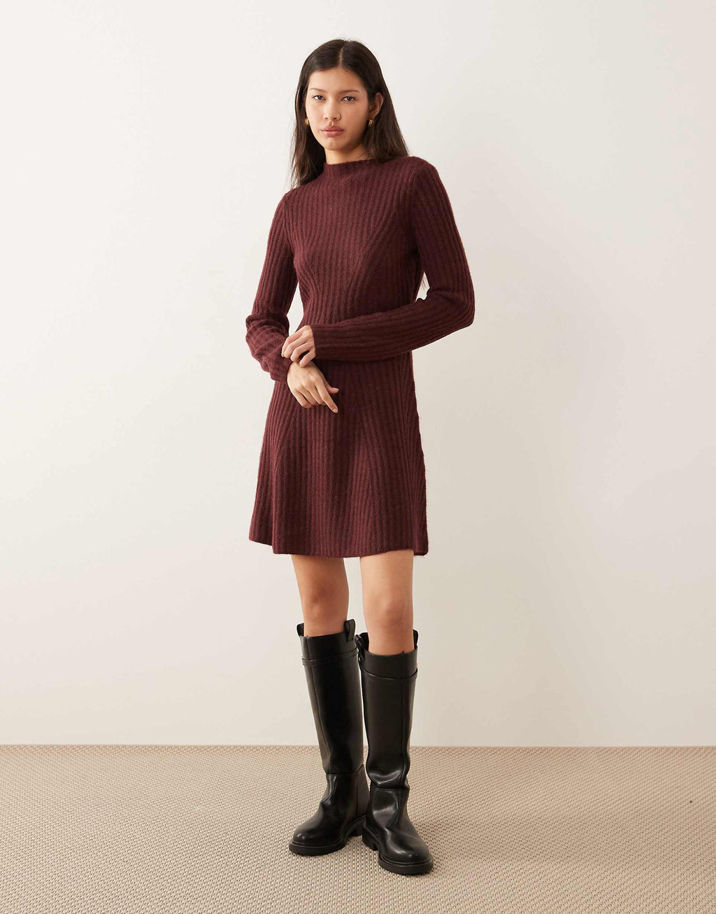 YAS engineered rib knit mini dress in burgundy