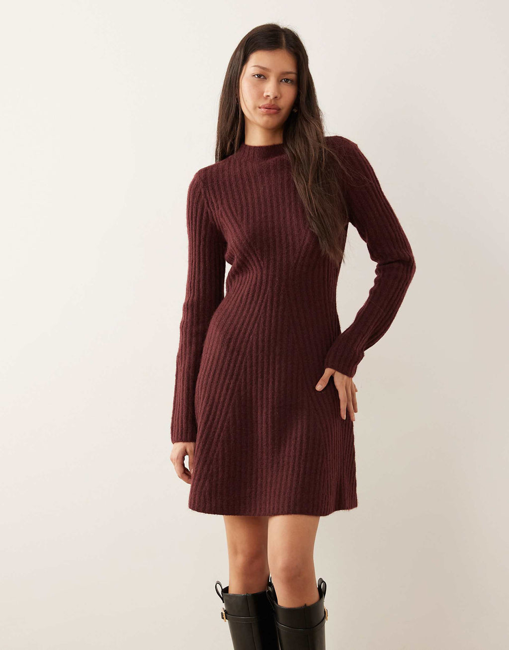 YAS engineered rib knit mini dress in burgundy