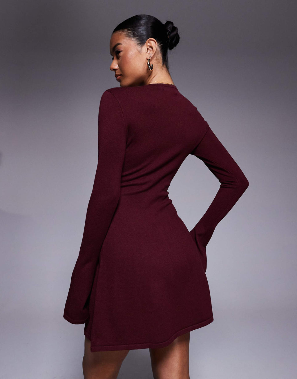Kaiia exclusive compact knit flared sleeve mini skater dress in burgundy