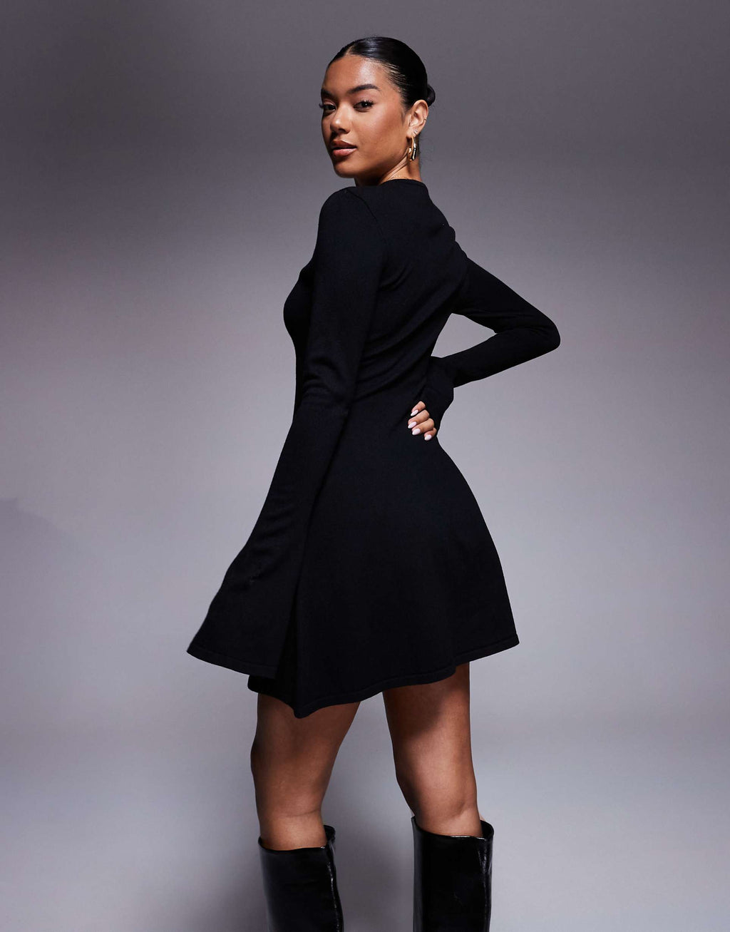 Kaiia exclusive compact knit flared sleeve mini skater dress in black