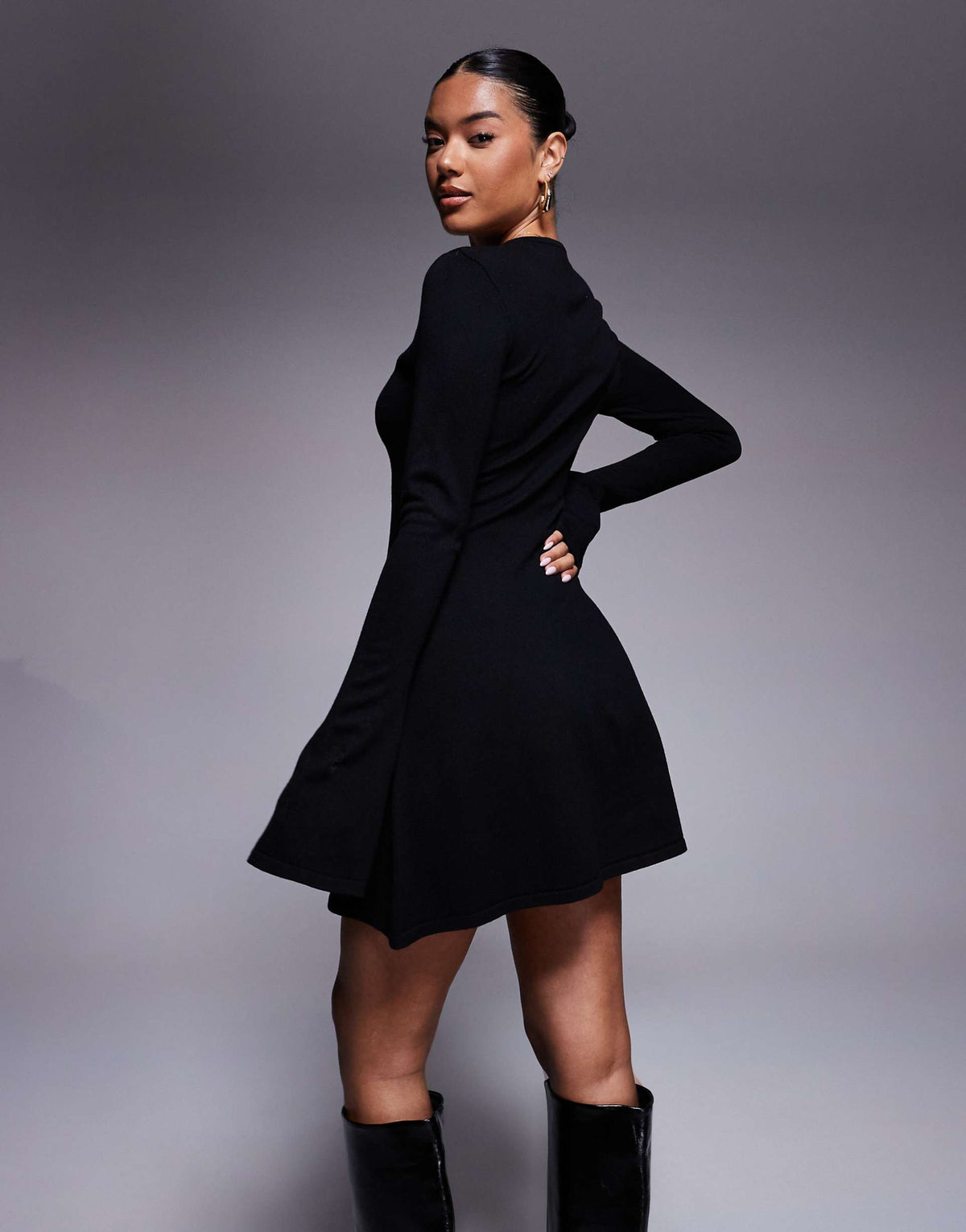 Kaiia exclusive compact knit flared sleeve mini skater dress in black