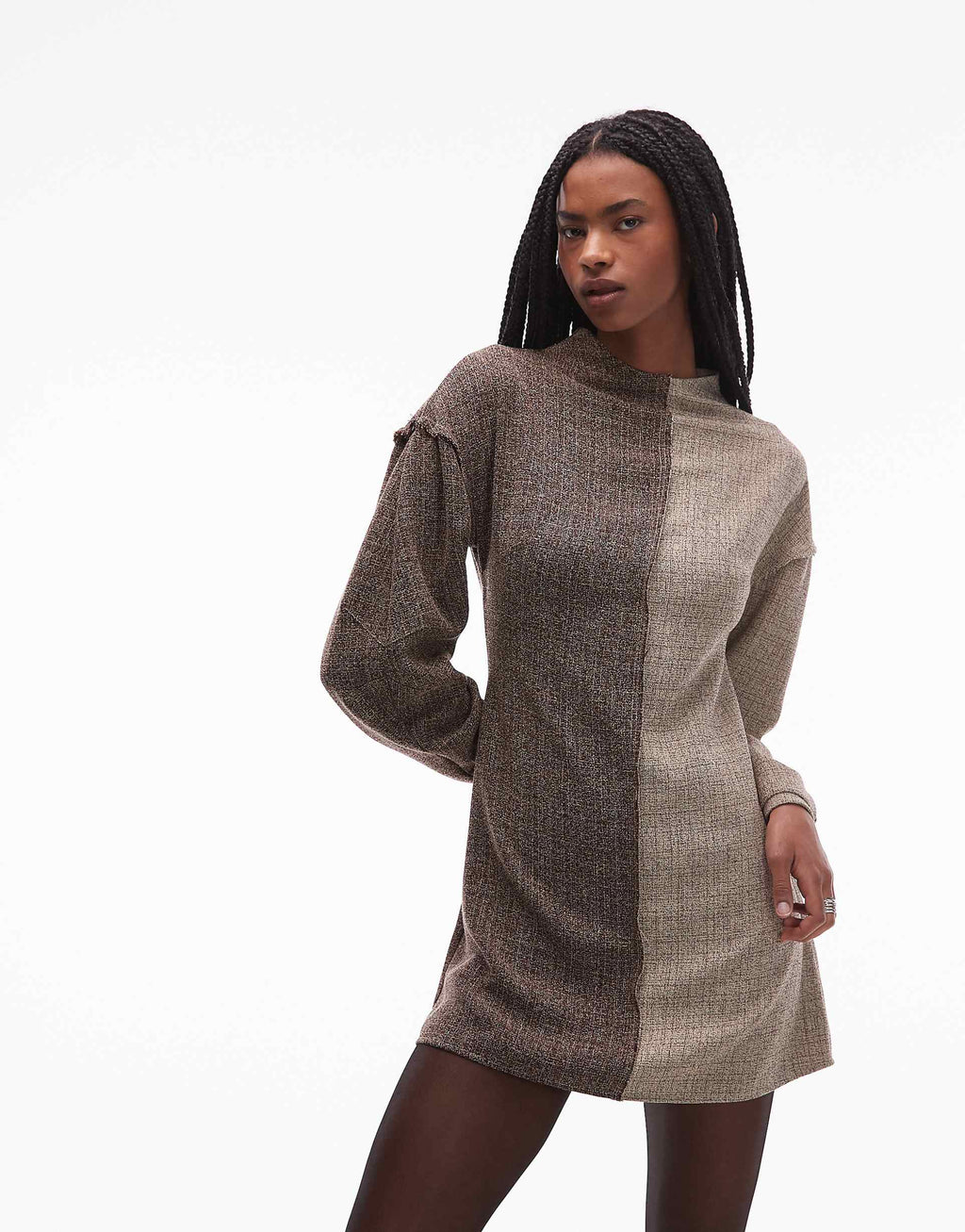ASOS DESIGN long sleeve tweed mini dress in contrast brown color