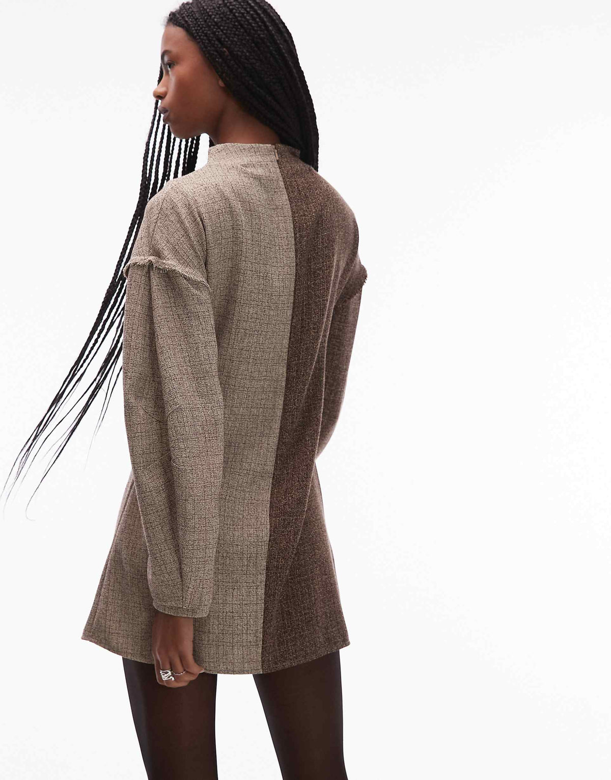 ASOS DESIGN long sleeve tweed mini dress in contrast brown color