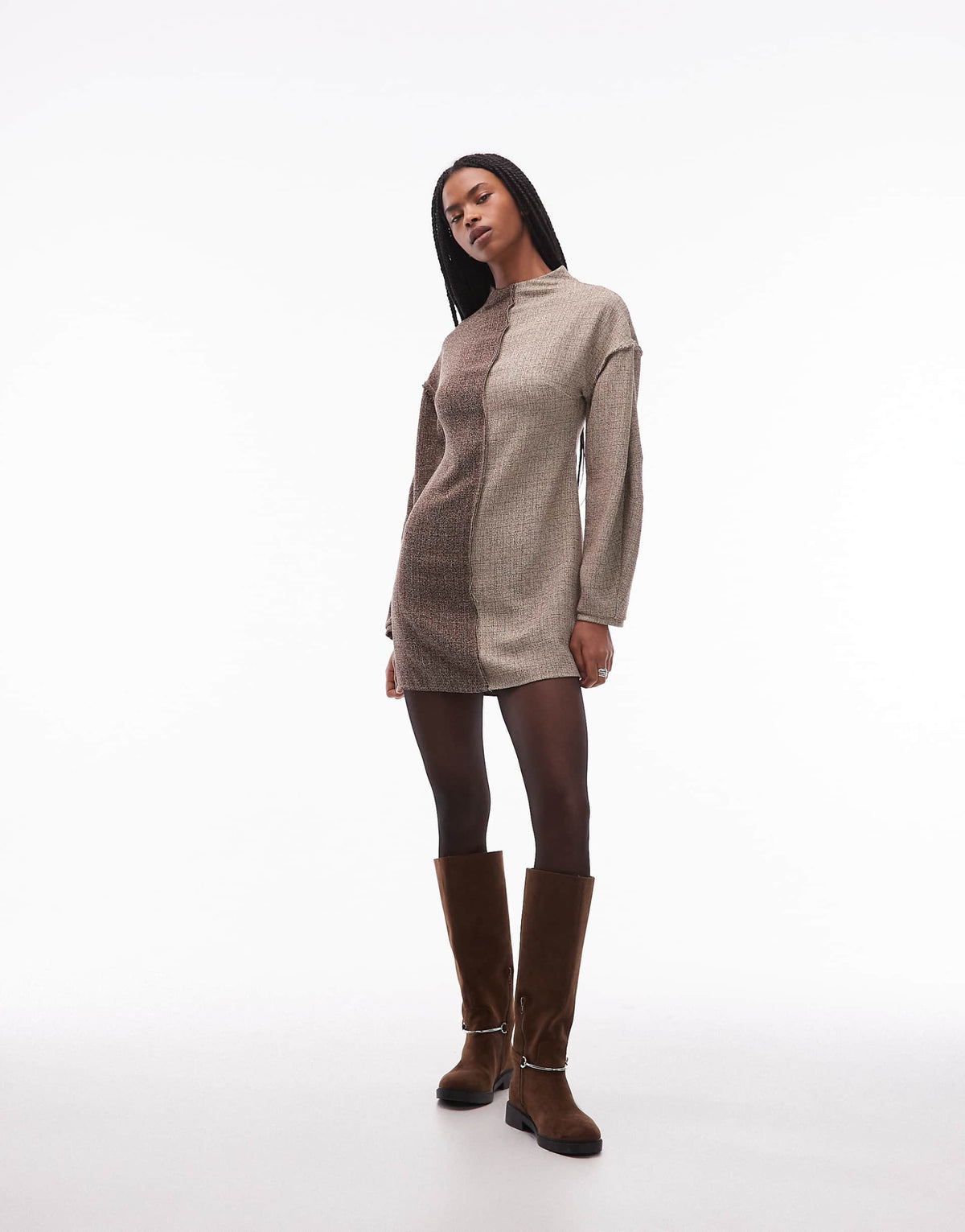 ASOS DESIGN long sleeve tweed mini dress in contrast brown color