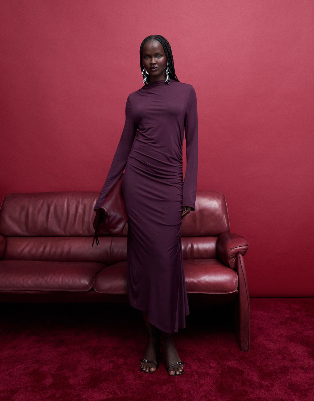 & Other Stories high neck long sleeve soft twisted midi dress in dark wine purple
