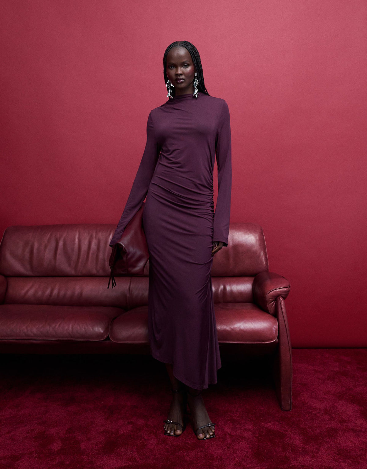 & Other Stories high neck long sleeve soft twisted midi dress in dark wine purple