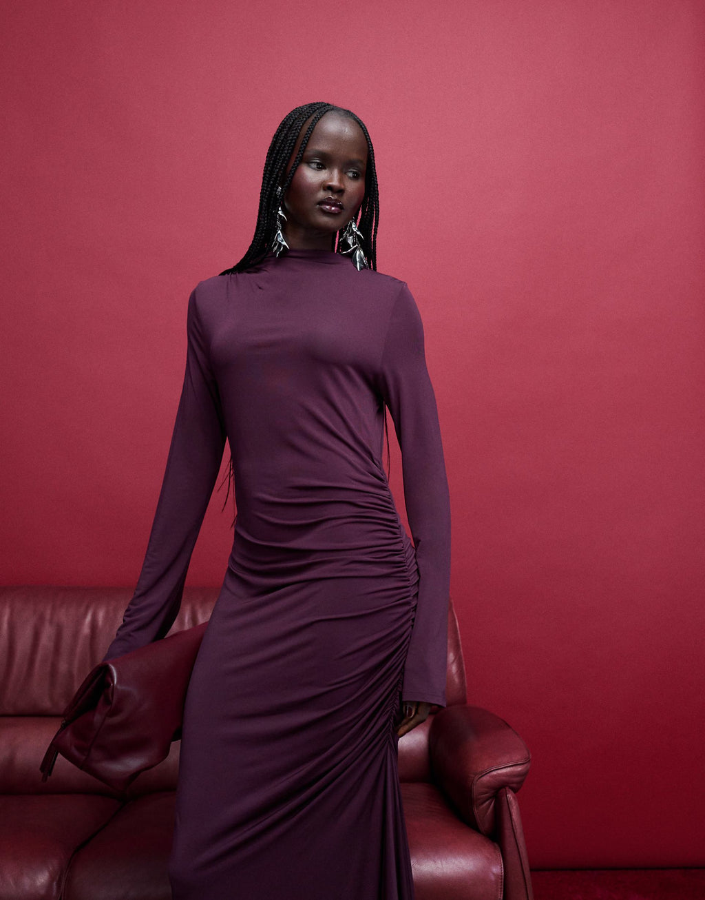 & Other Stories high neck long sleeve soft twisted midi dress in dark wine purple