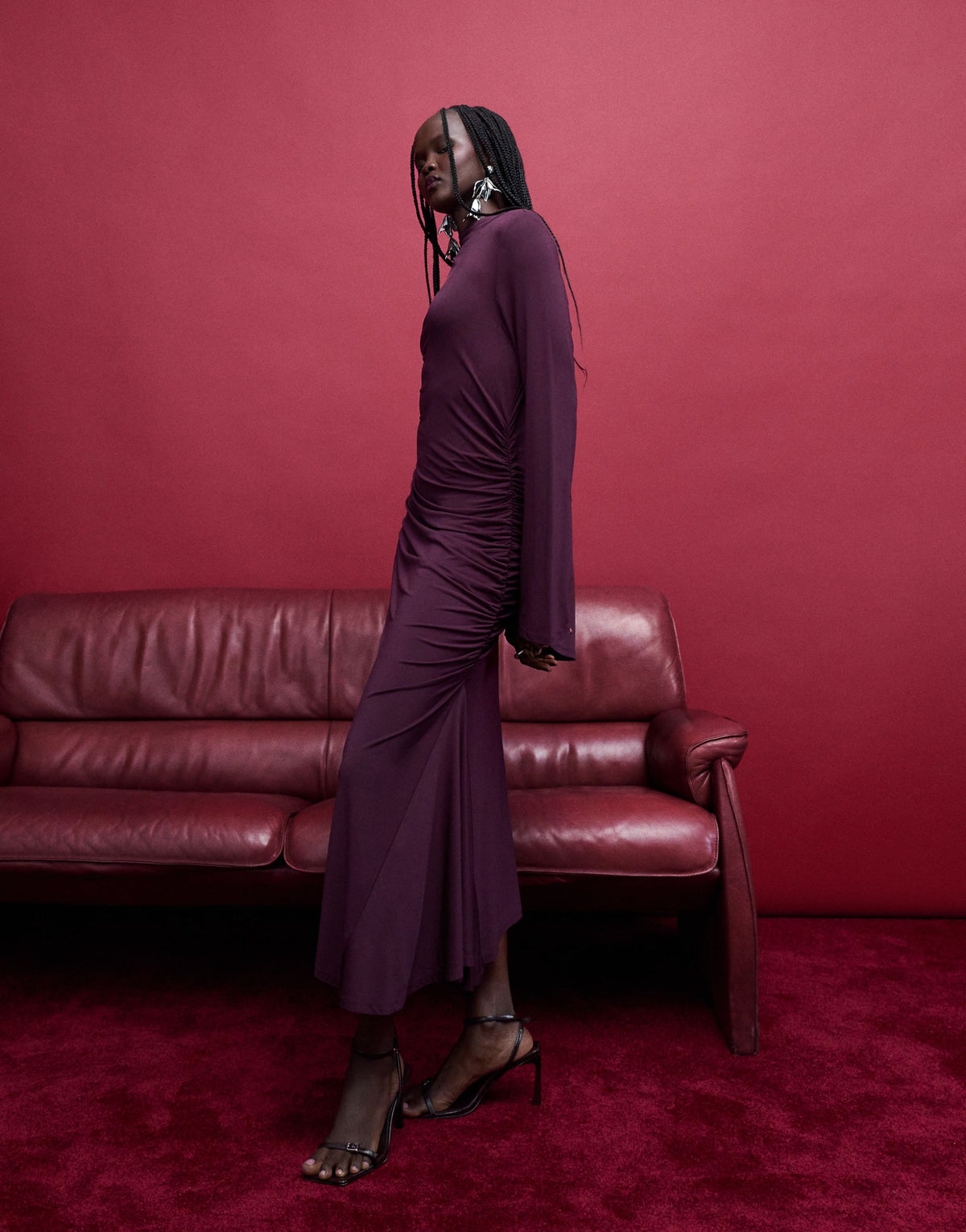 & Other Stories high neck long sleeve soft twisted midi dress in dark wine purple