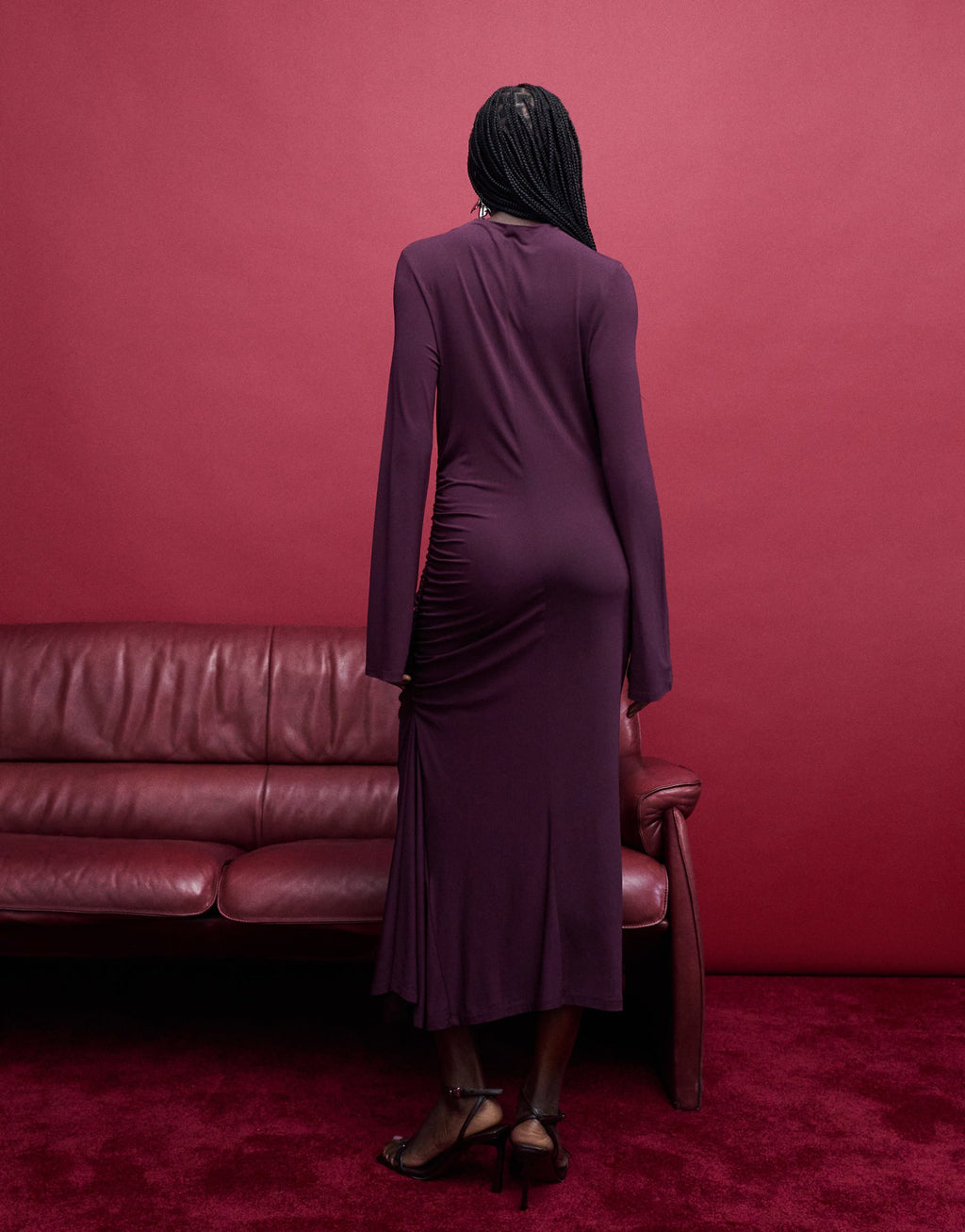& Other Stories high neck long sleeve soft twisted midi dress in dark wine purple