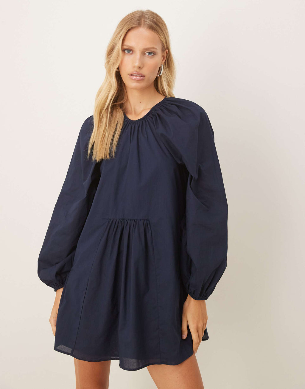 ASOS DESIGN volume smock mini dress with tie back detail in deep navy