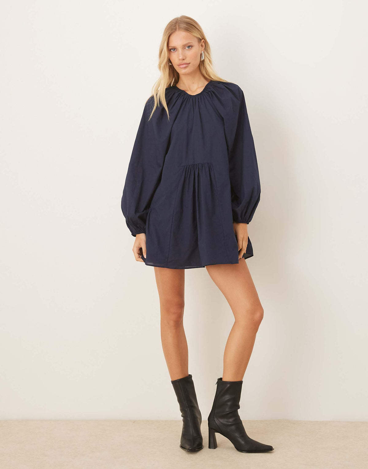 ASOS DESIGN volume smock mini dress with tie back detail in deep navy