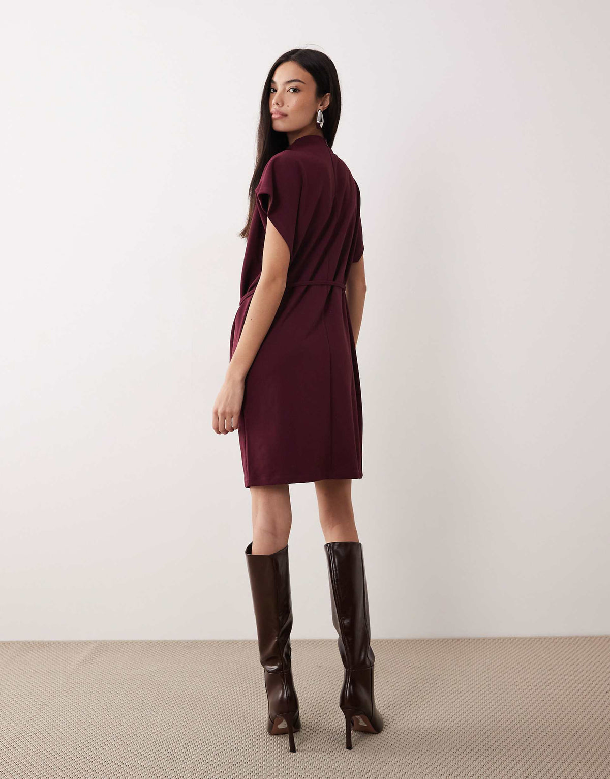 VILA high neck tie waist mini dress in burgundy