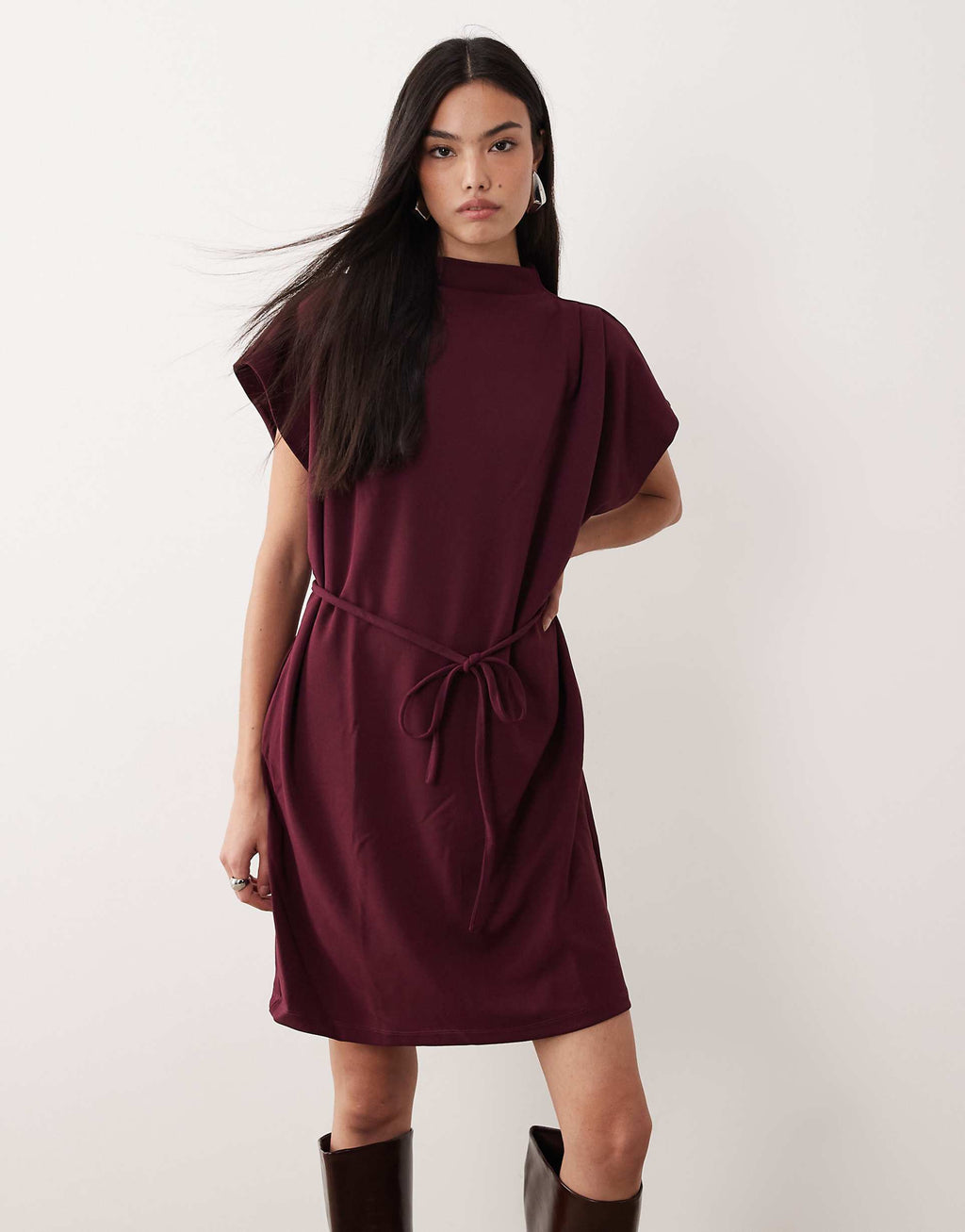 VILA high neck tie waist mini dress in burgundy