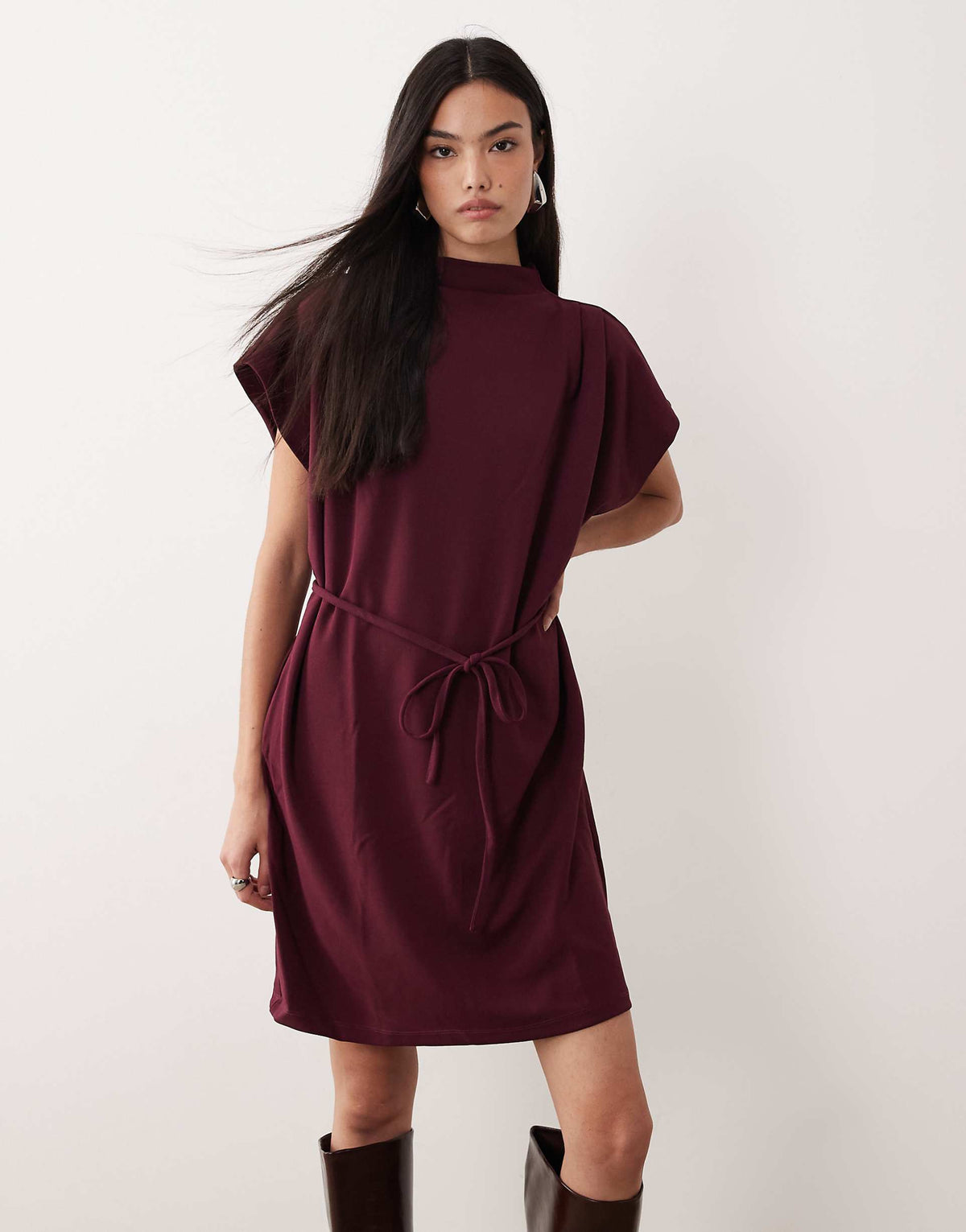 VILA high neck tie waist mini dress in burgundy