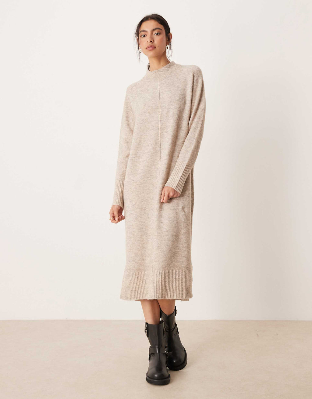 VILA seam front knit midi dress in natural melange