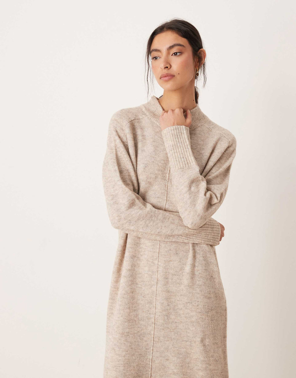 VILA seam front knit midi dress in natural melange