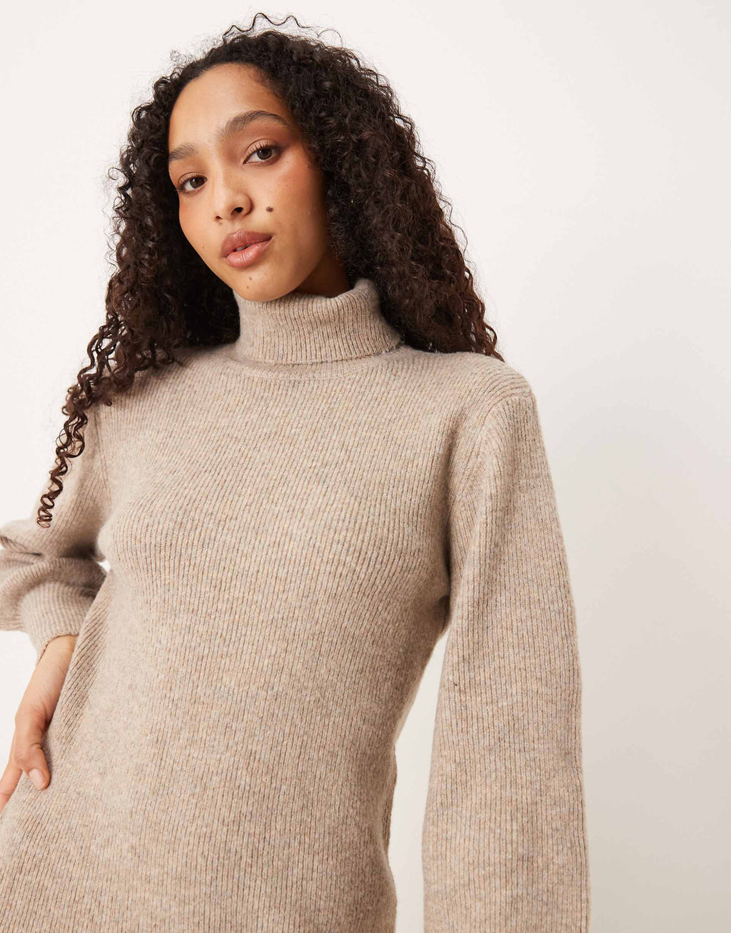 Vila balloon sleeve knit mini dress in heathered natural