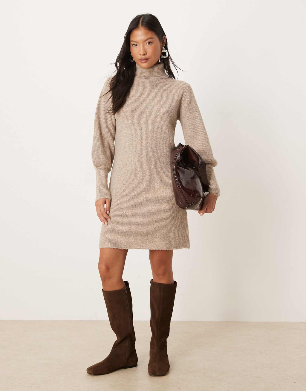 VILA Petite balloon sleeve knit mini dress in heathered natural