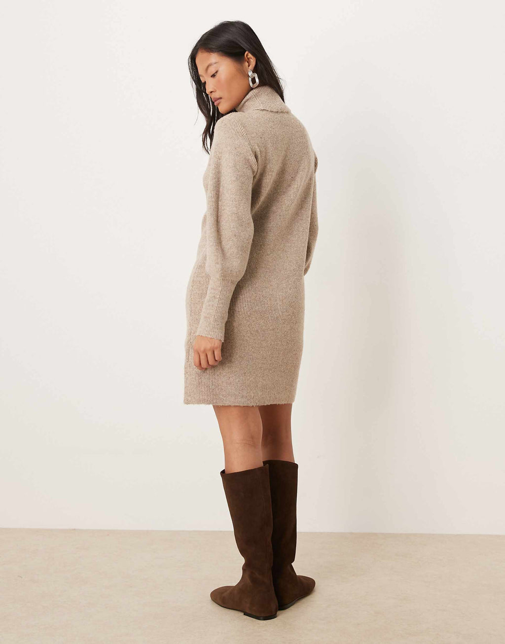 VILA Petite balloon sleeve knit mini dress in heathered natural