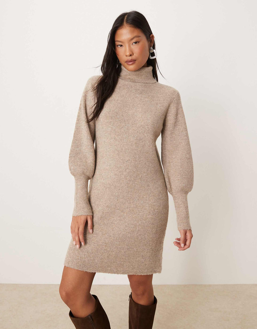 VILA Petite balloon sleeve knit mini dress in heathered natural
