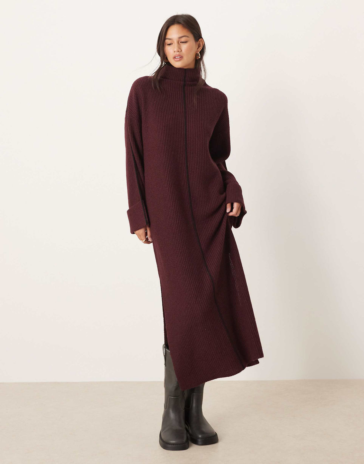 VILA high neck knit maxi dress in burgundy