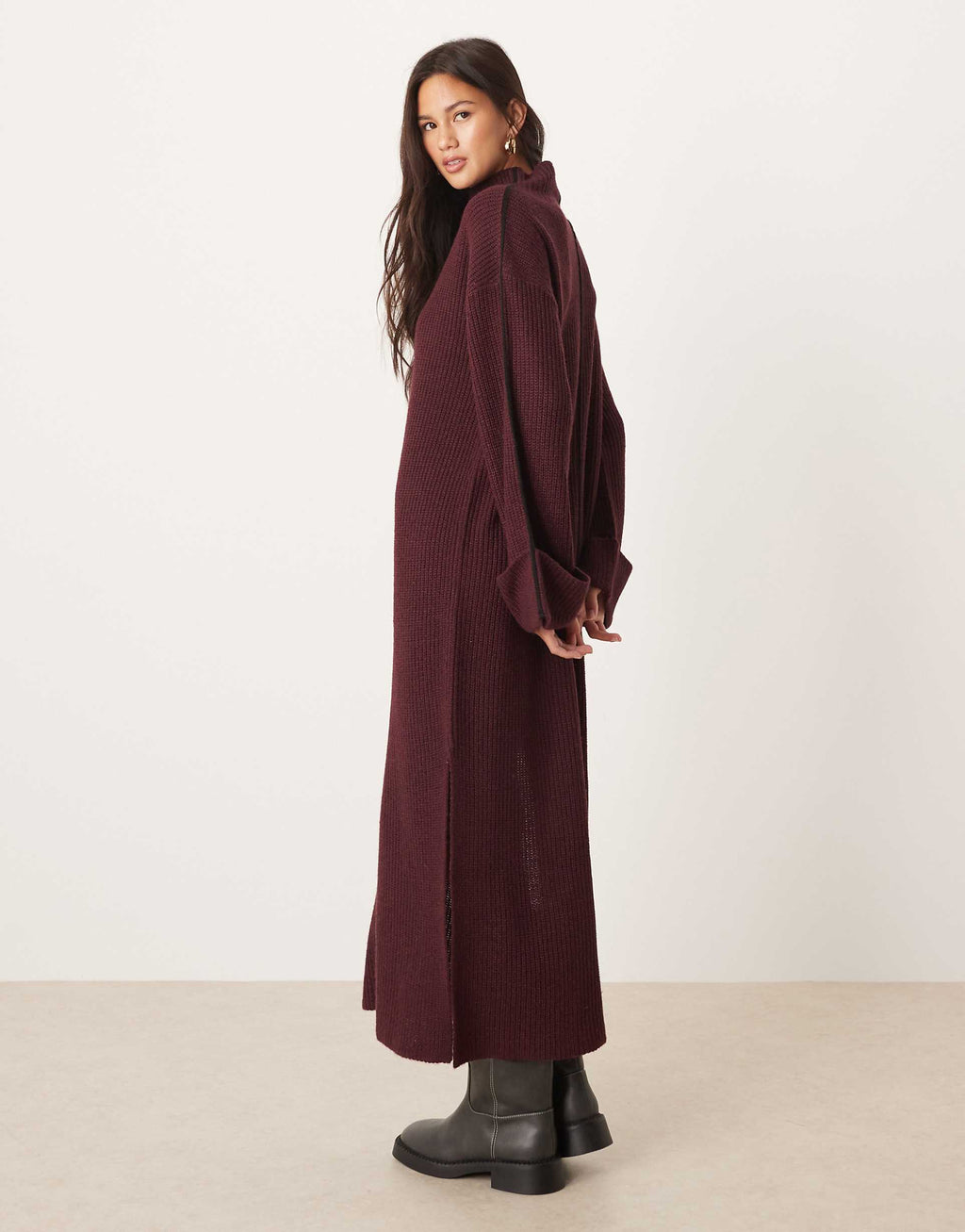VILA high neck knit maxi dress in burgundy