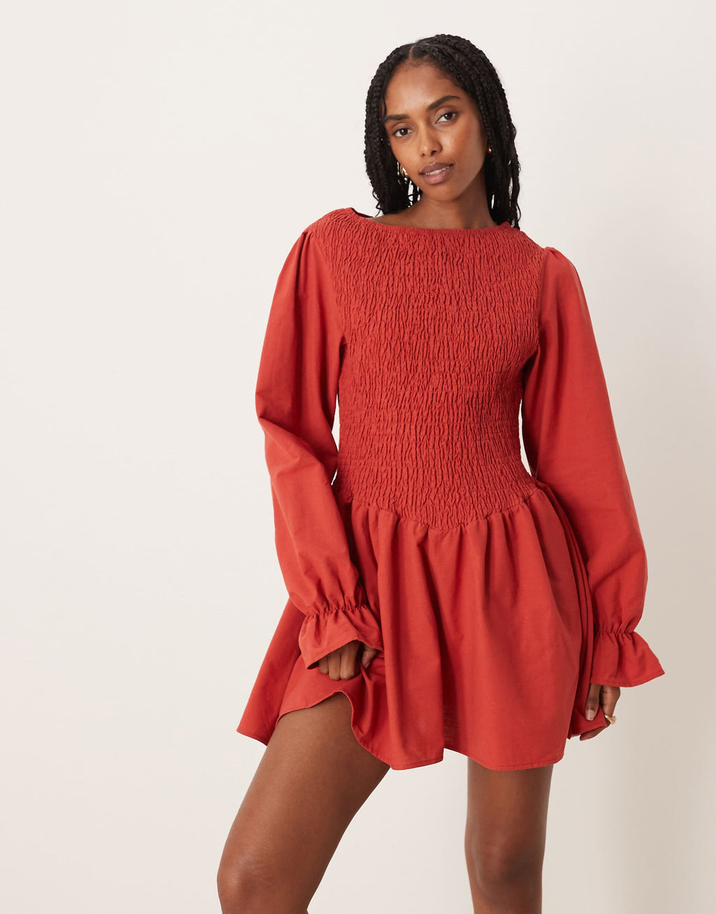 ASOS DESIGN linen look blend shirred mini dress in red