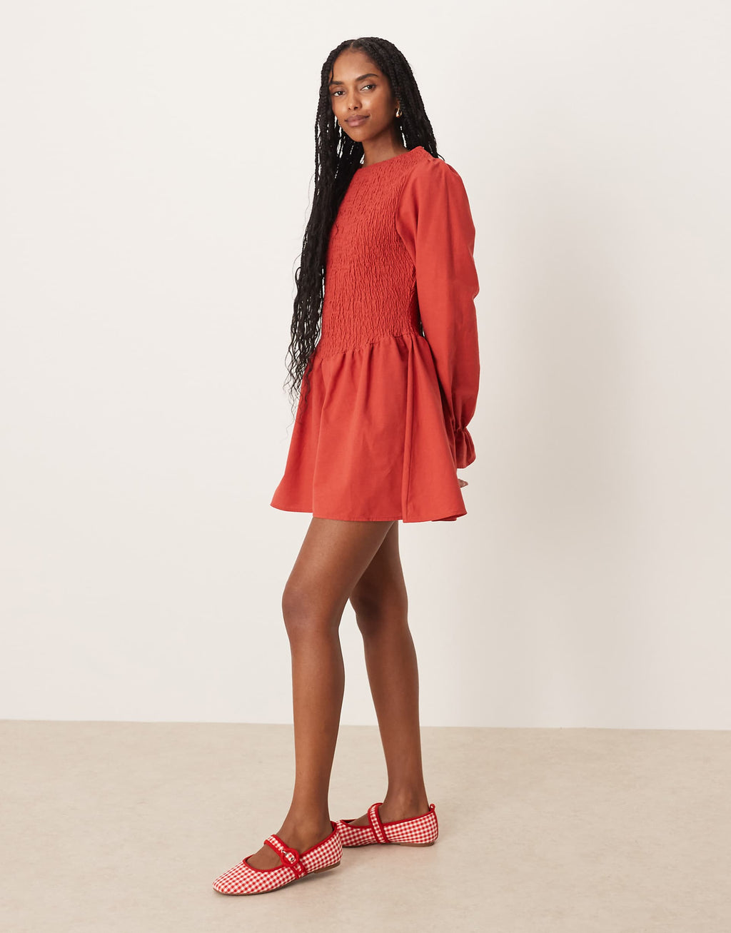 ASOS DESIGN linen look blend shirred mini dress in red
