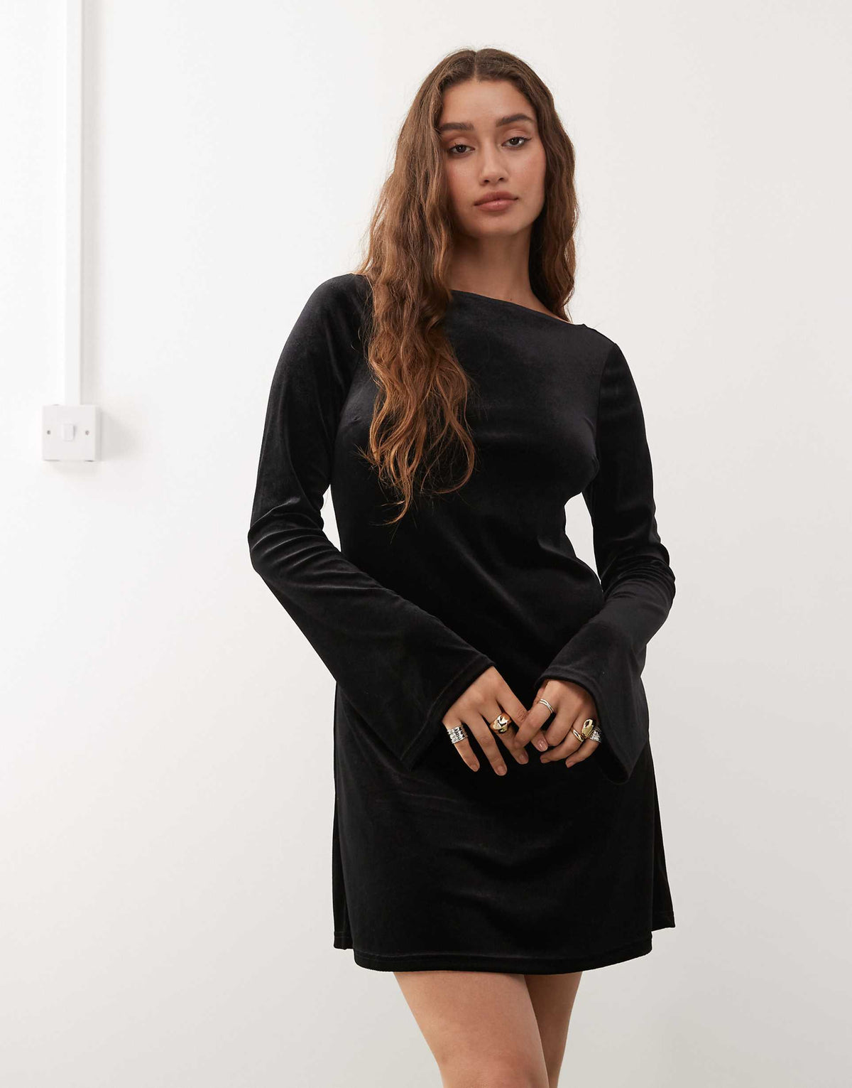 Monki long sleeve velvet mini dress in black