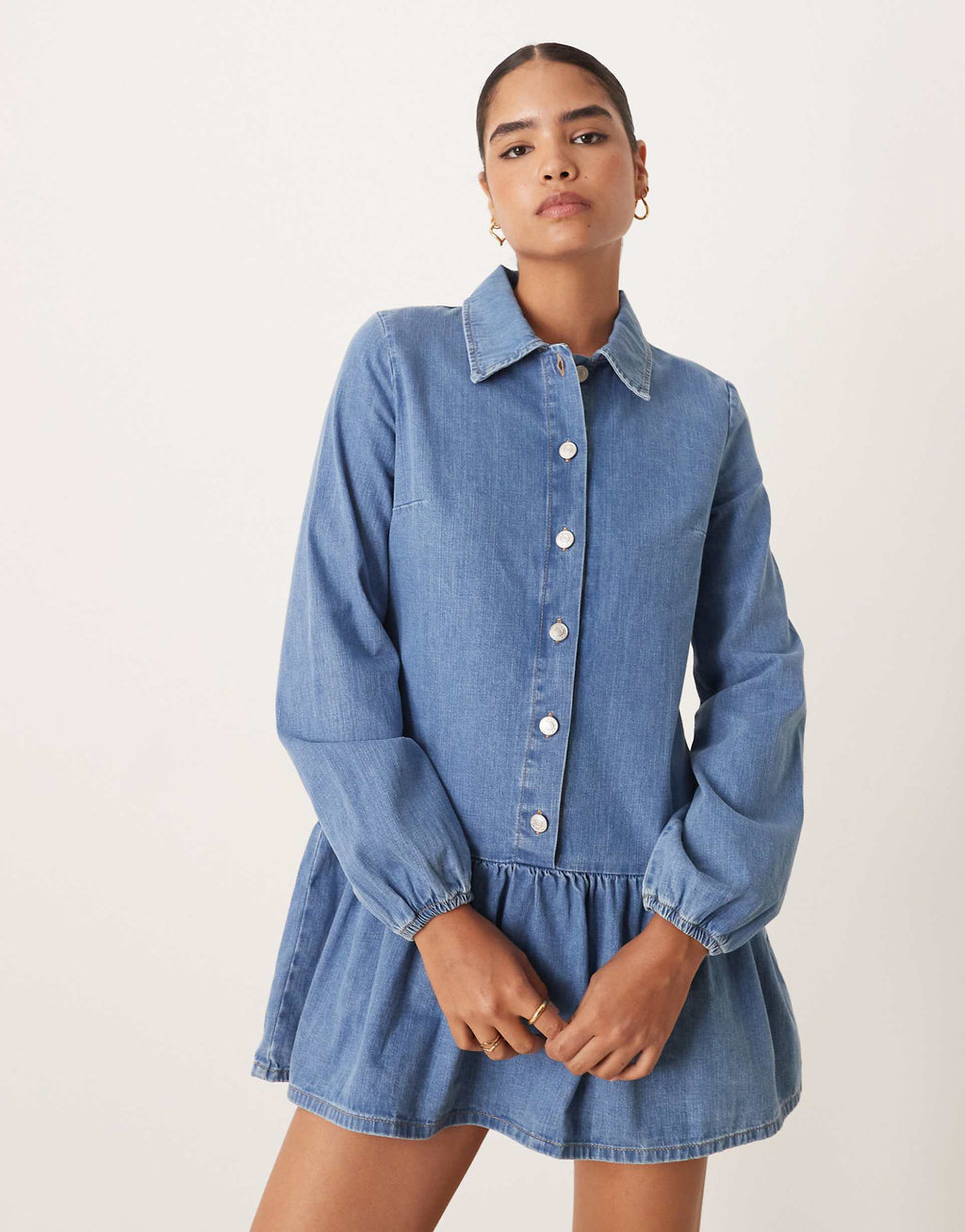 ASOS DESIGN denim dropped waist long sleeve mini dress in indigo