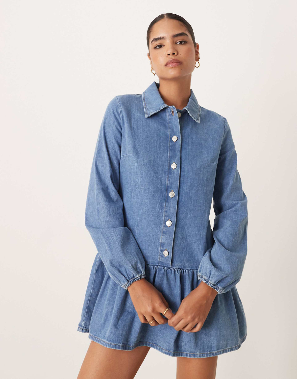 ASOS DESIGN denim dropped waist long sleeve mini dress in indigo