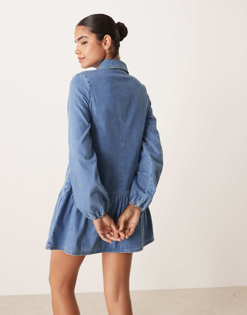 ASOS DESIGN denim dropped waist long sleeve mini dress in indigo