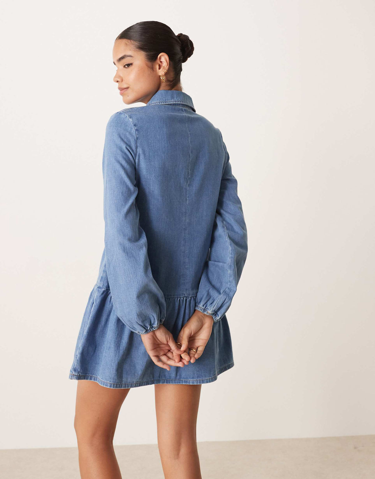 ASOS DESIGN denim dropped waist long sleeve mini dress in indigo