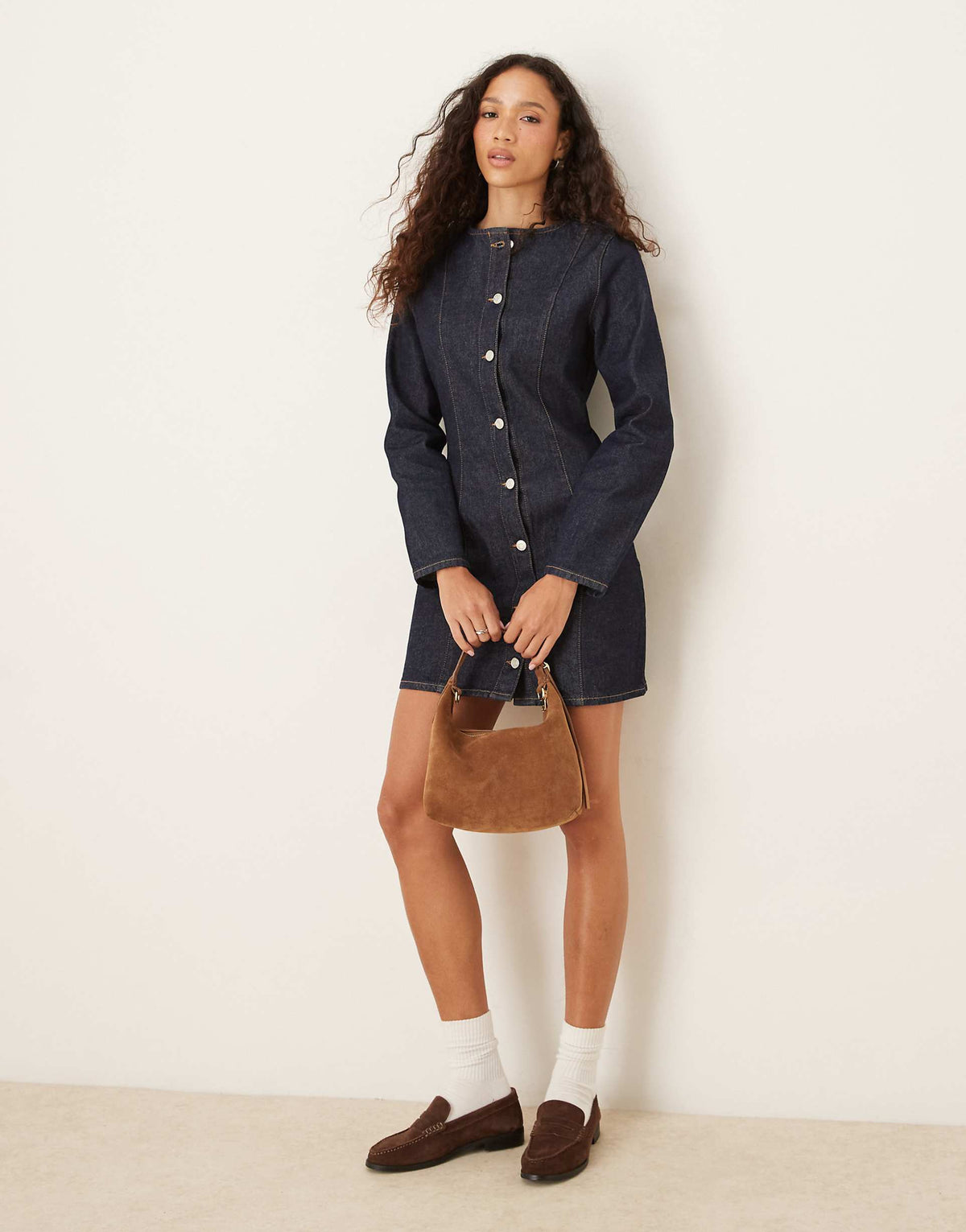 ASOS DESIGN denim long sleeve crew neck mini dress in rinse wash